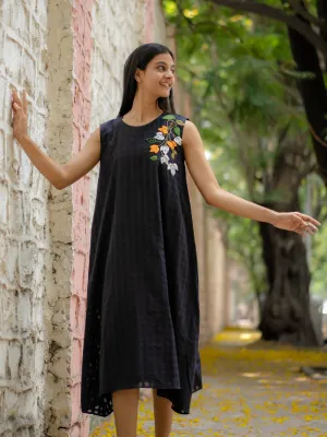 Black A-Line Dress With Floral Hand Embroidery