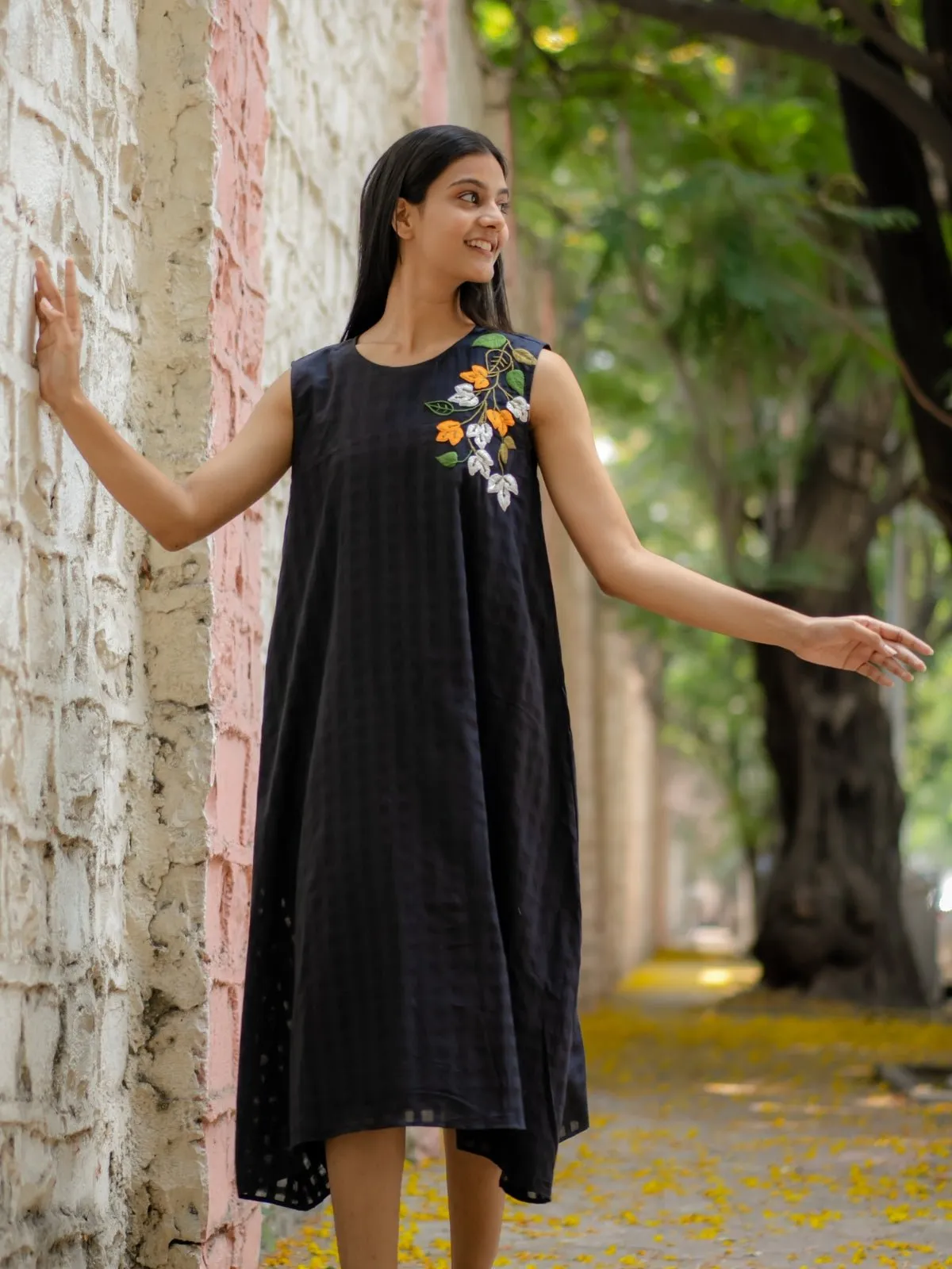 Black A-Line Dress With Floral Hand Embroidery