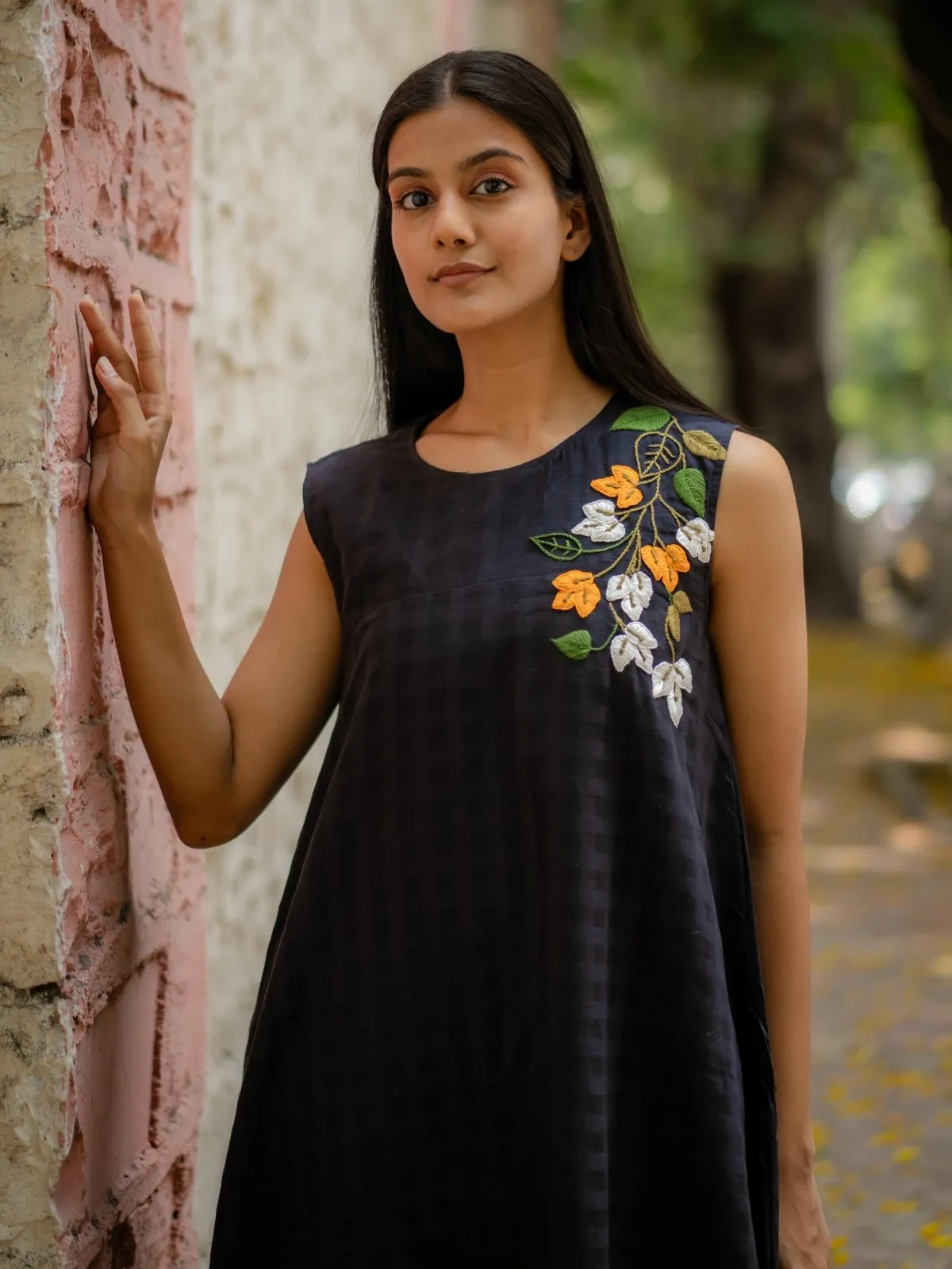 Black A-Line Dress With Floral Hand Embroidery