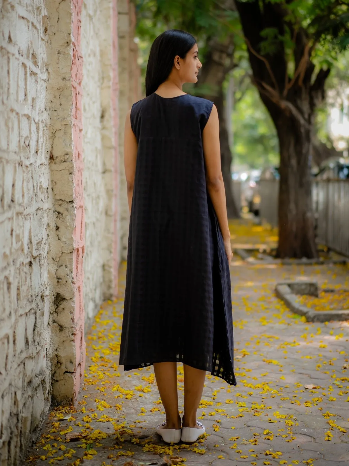 Black A-Line Dress With Floral Hand Embroidery