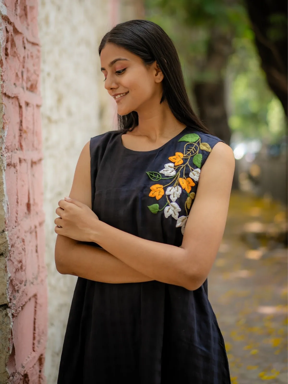Black A-Line Dress With Floral Hand Embroidery