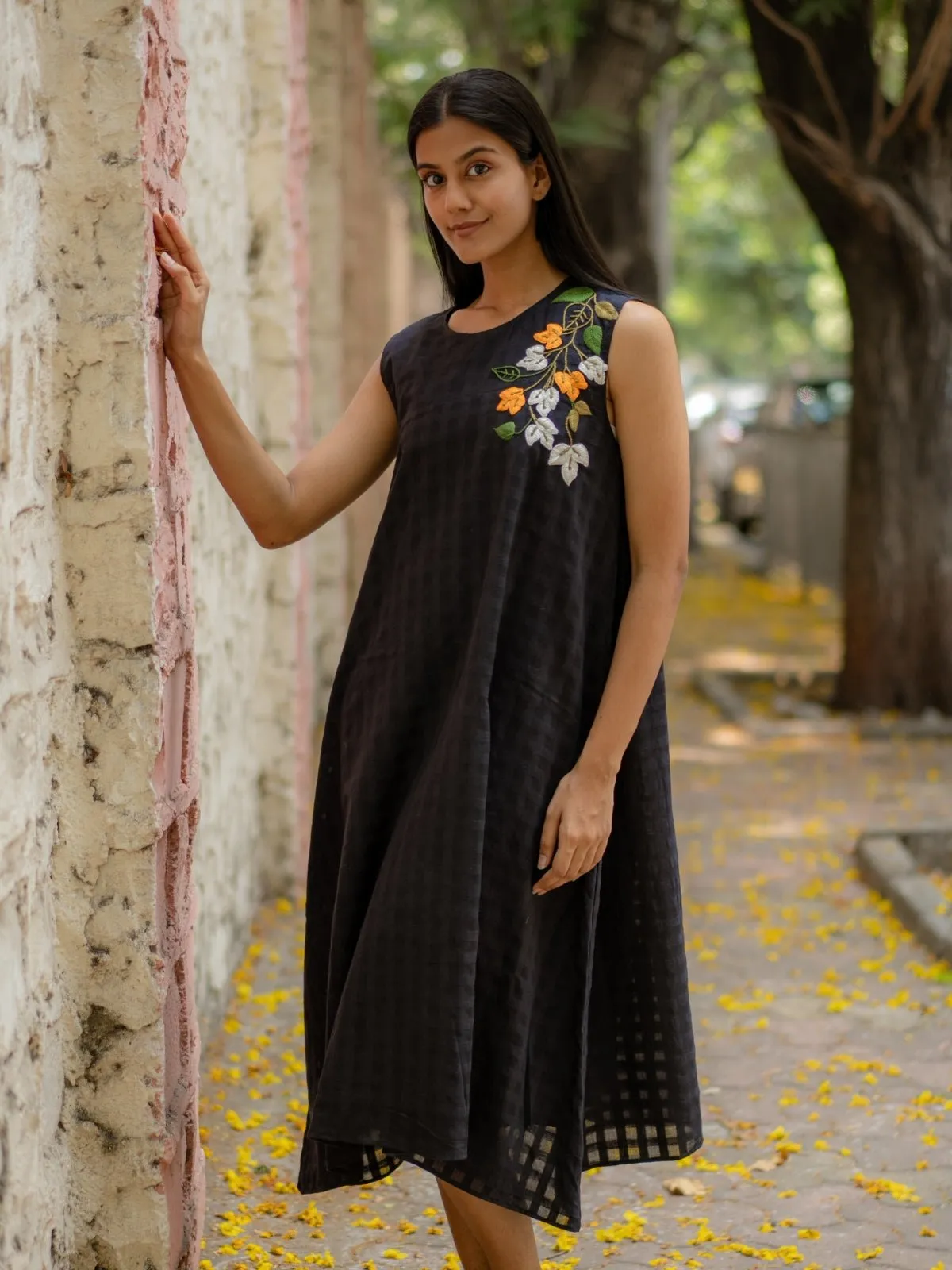 Black A-Line Dress With Floral Hand Embroidery