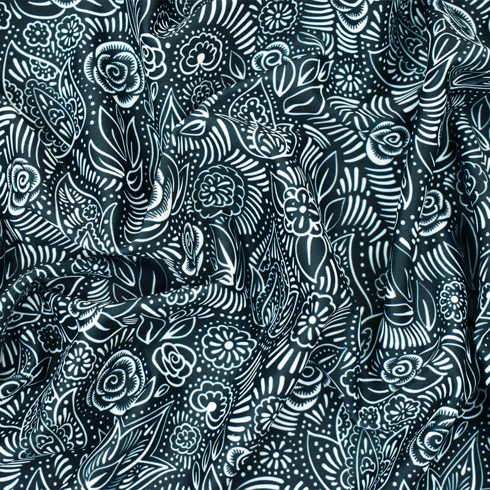 Blue-White Nylon Stretch Spandex Floral Leaf Printed Tricot Knit Fabric