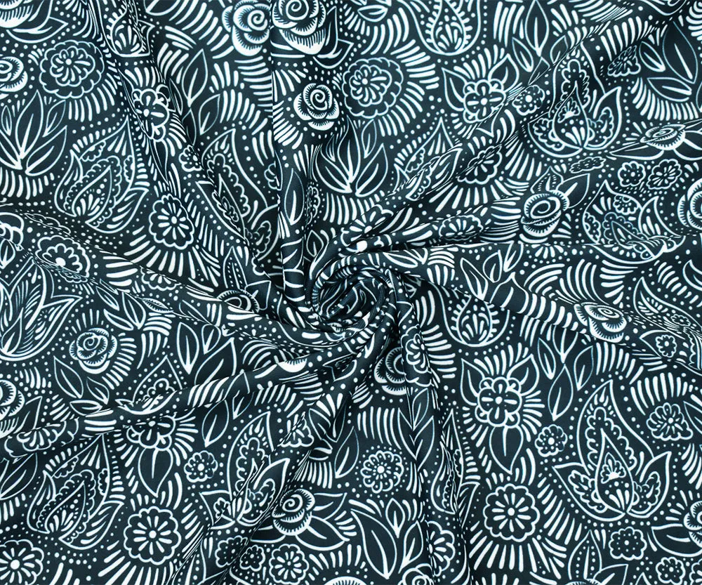 Blue-White Nylon Stretch Spandex Floral Leaf Printed Tricot Knit Fabric