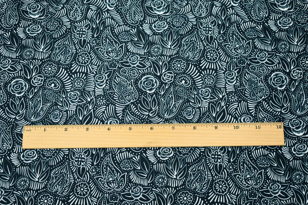 Blue-White Nylon Stretch Spandex Floral Leaf Printed Tricot Knit Fabric
