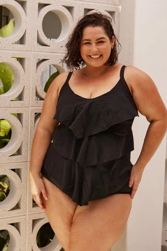 Chlorine Resistant Black 3 Tier Tankini Top