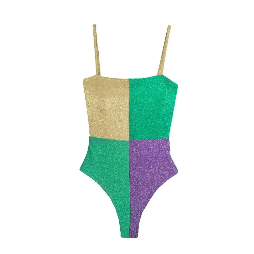 Contrast Color Patchwork High Waist Swimsuit