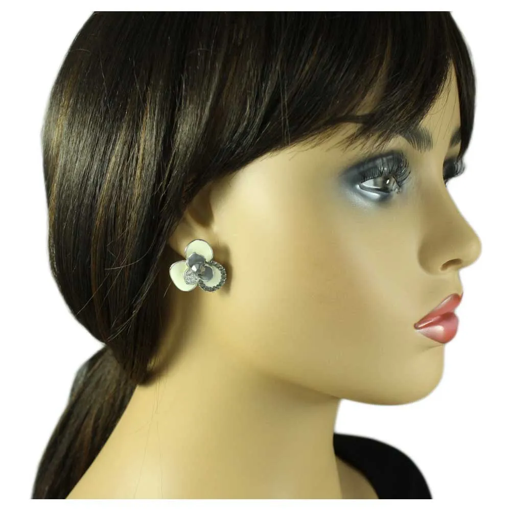 Cream and Gray Flower with Crystals Pierced Earring - REE126