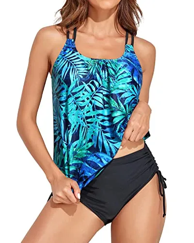 Criss Cross Back Tankini Swimsuits With Padded Bra For Women-Dark Blue Green Leaves