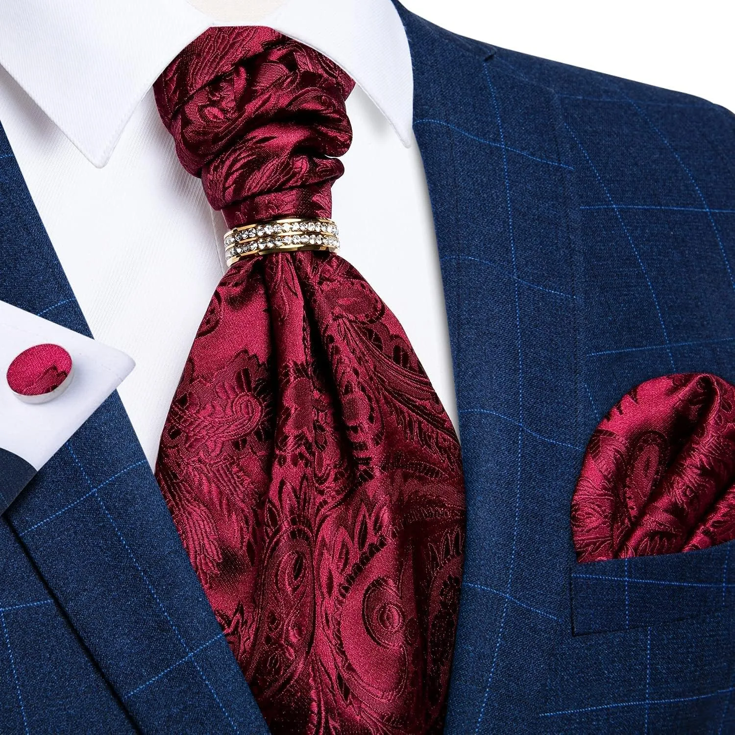 DiBanGu Paisley Ascot Ties for Men Silk Woven Cravat Tie and Pocket Square Cufflinks Set with Tie Ring for Wedding Party