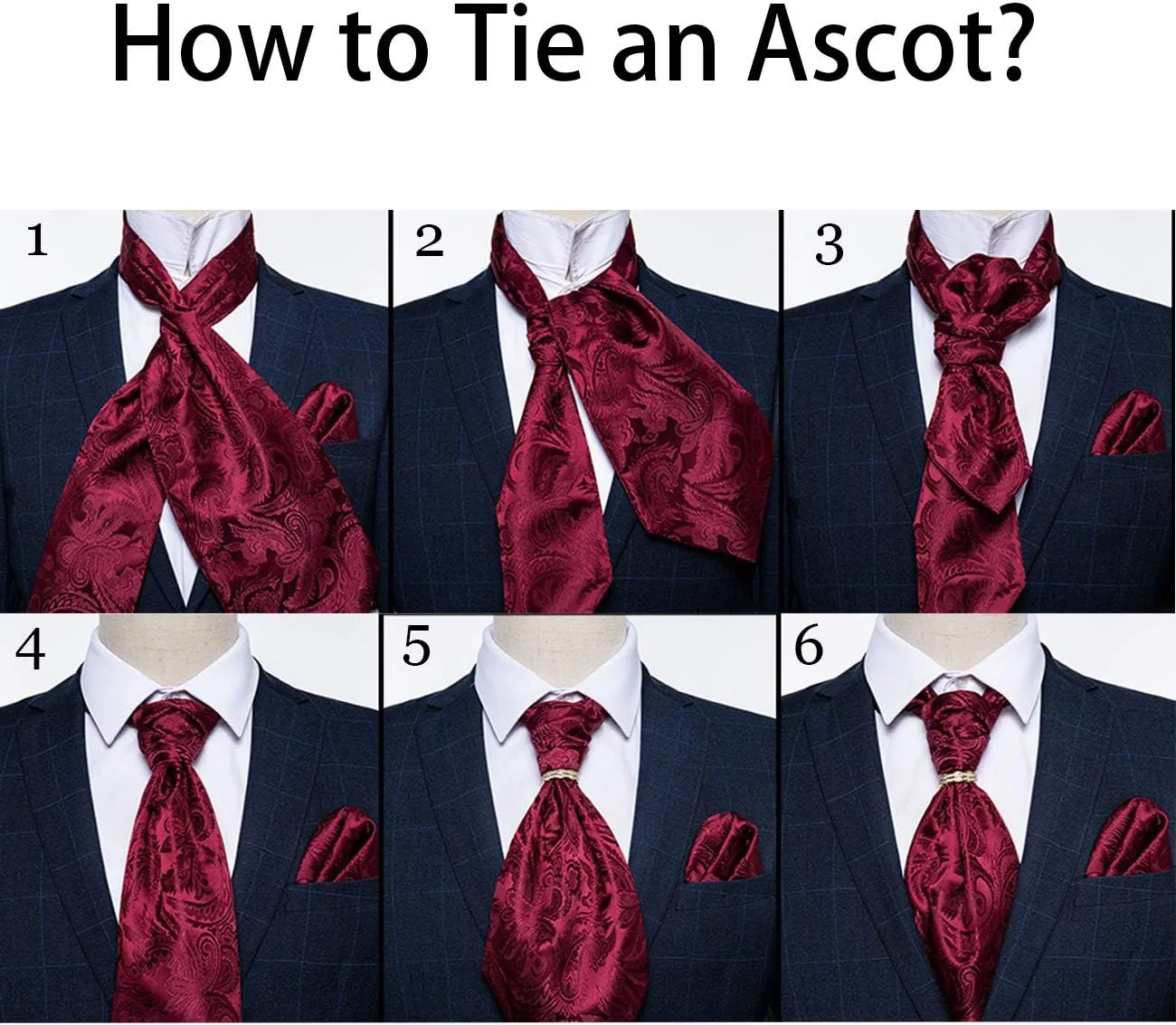 DiBanGu Paisley Ascot Ties for Men Silk Woven Cravat Tie and Pocket Square Cufflinks Set with Tie Ring for Wedding Party