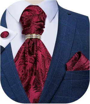 DiBanGu Paisley Ascot Ties for Men Silk Woven Cravat Tie and Pocket Square Cufflinks Set with Tie Ring for Wedding Party