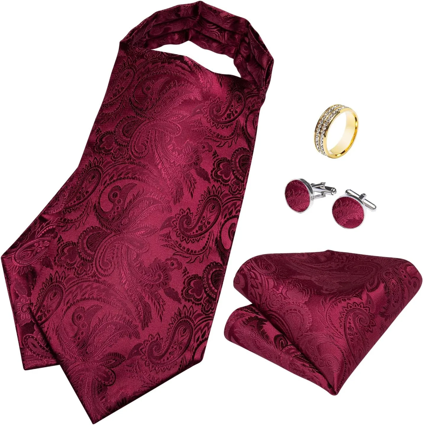 DiBanGu Paisley Ascot Ties for Men Silk Woven Cravat Tie and Pocket Square Cufflinks Set with Tie Ring for Wedding Party