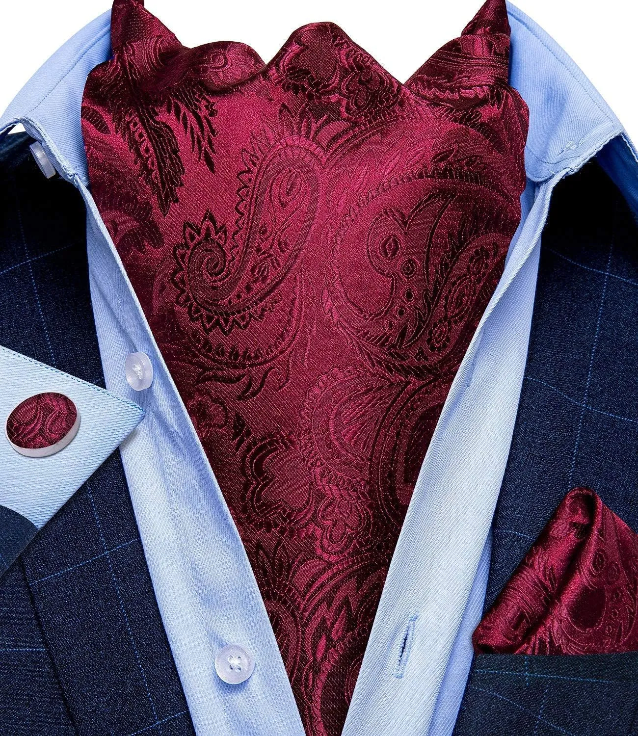 DiBanGu Paisley Ascot Ties for Men Silk Woven Cravat Tie and Pocket Square Cufflinks Set with Tie Ring for Wedding Party