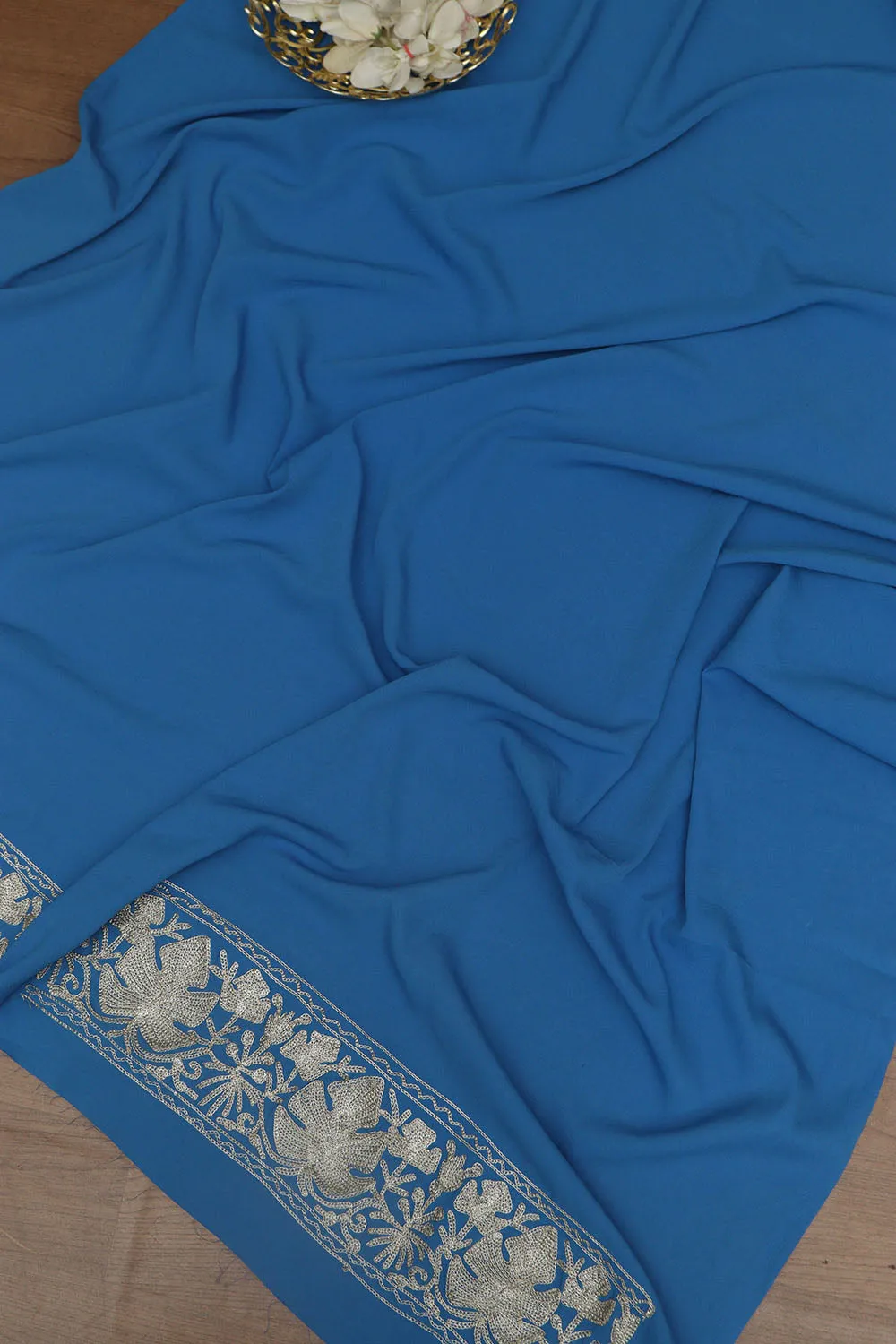 Exquisite Blue Embroidered Kashmiri Tilla Work Crepe Saree