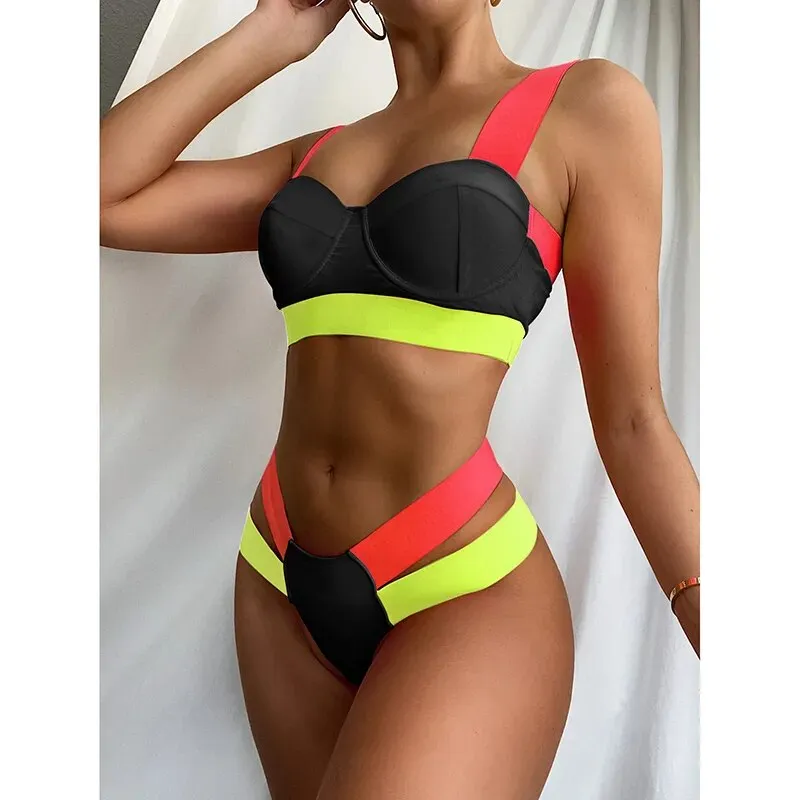 Floral and Striped Bikini Set with Lace-Up Detail