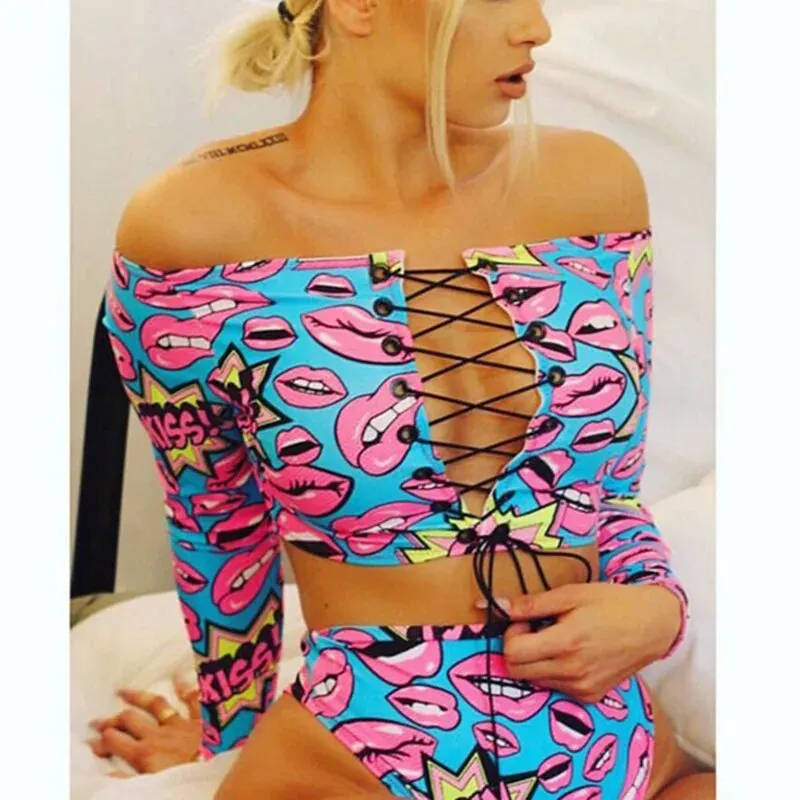 Floral and Striped Bikini Set with Lace-Up Detail