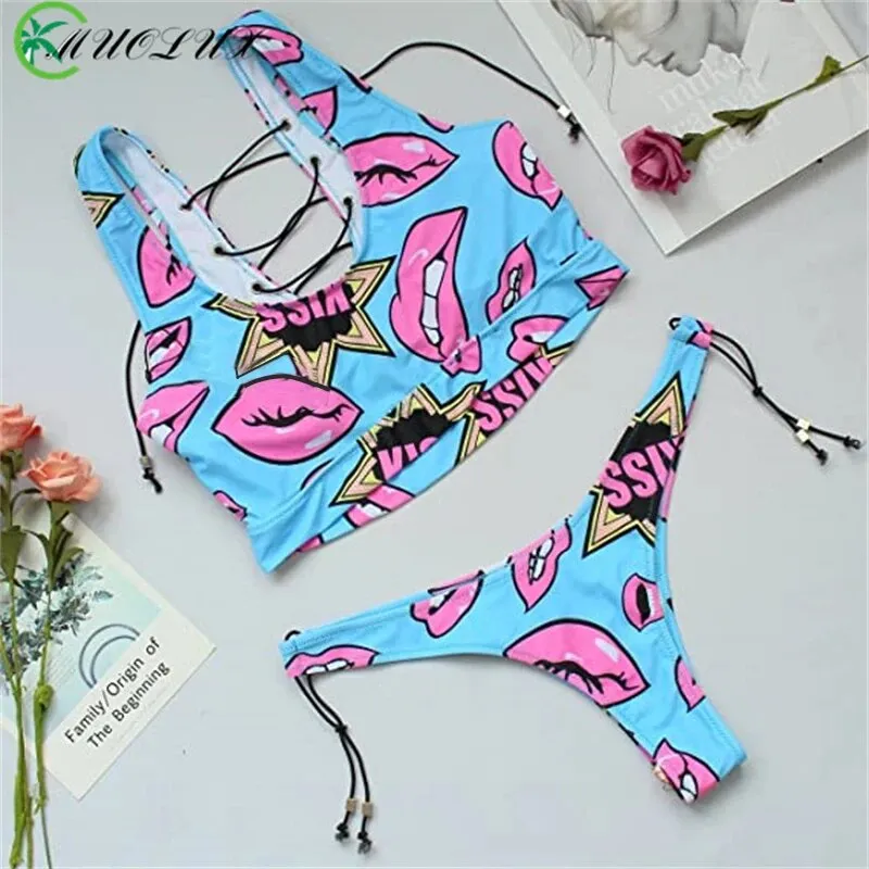 Floral and Striped Bikini Set with Lace-Up Detail