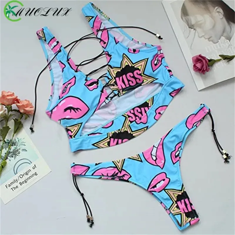 Floral and Striped Bikini Set with Lace-Up Detail