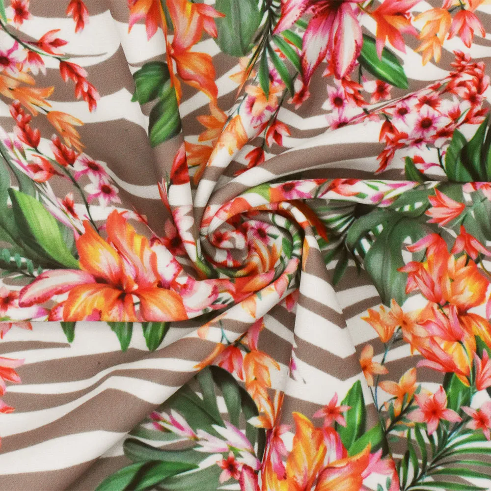 Green-Brown-Multi Floral Printed Stretch Poly Tricot Knit Swimwear Fabric