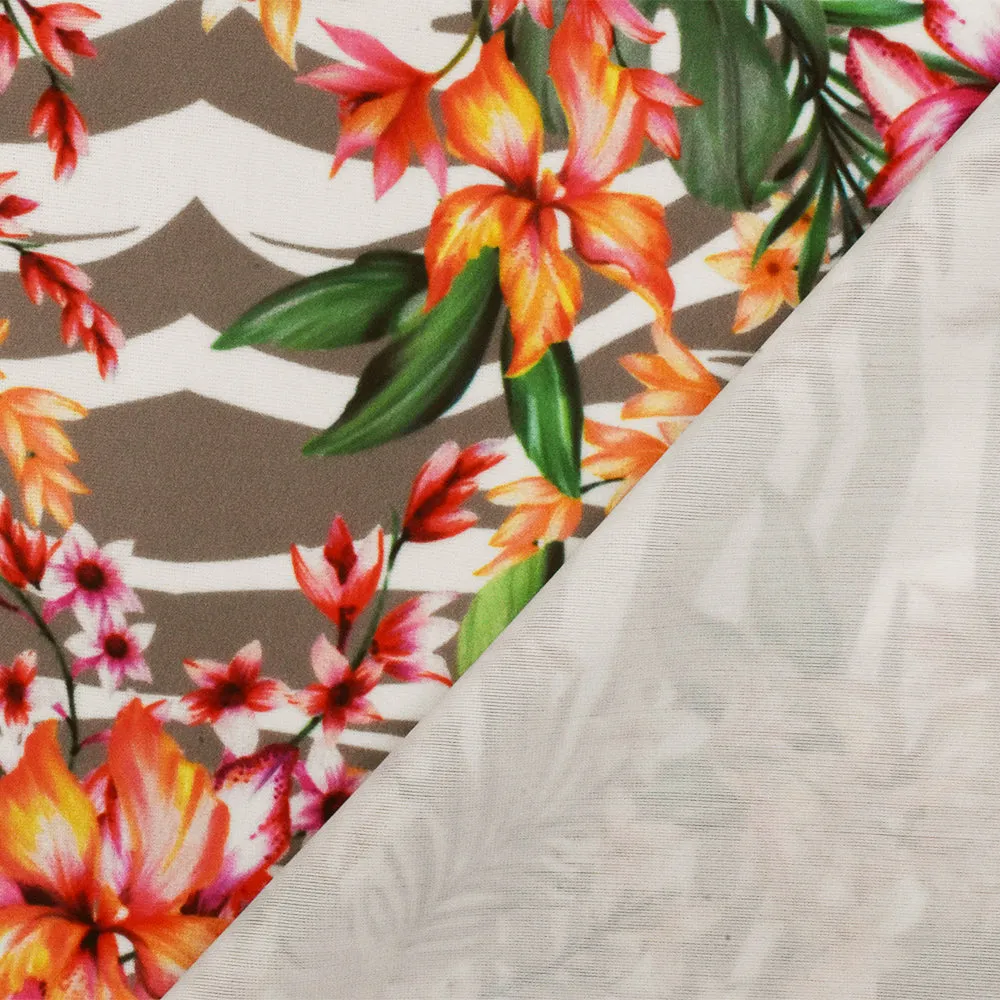 Green-Brown-Multi Floral Printed Stretch Poly Tricot Knit Swimwear Fabric