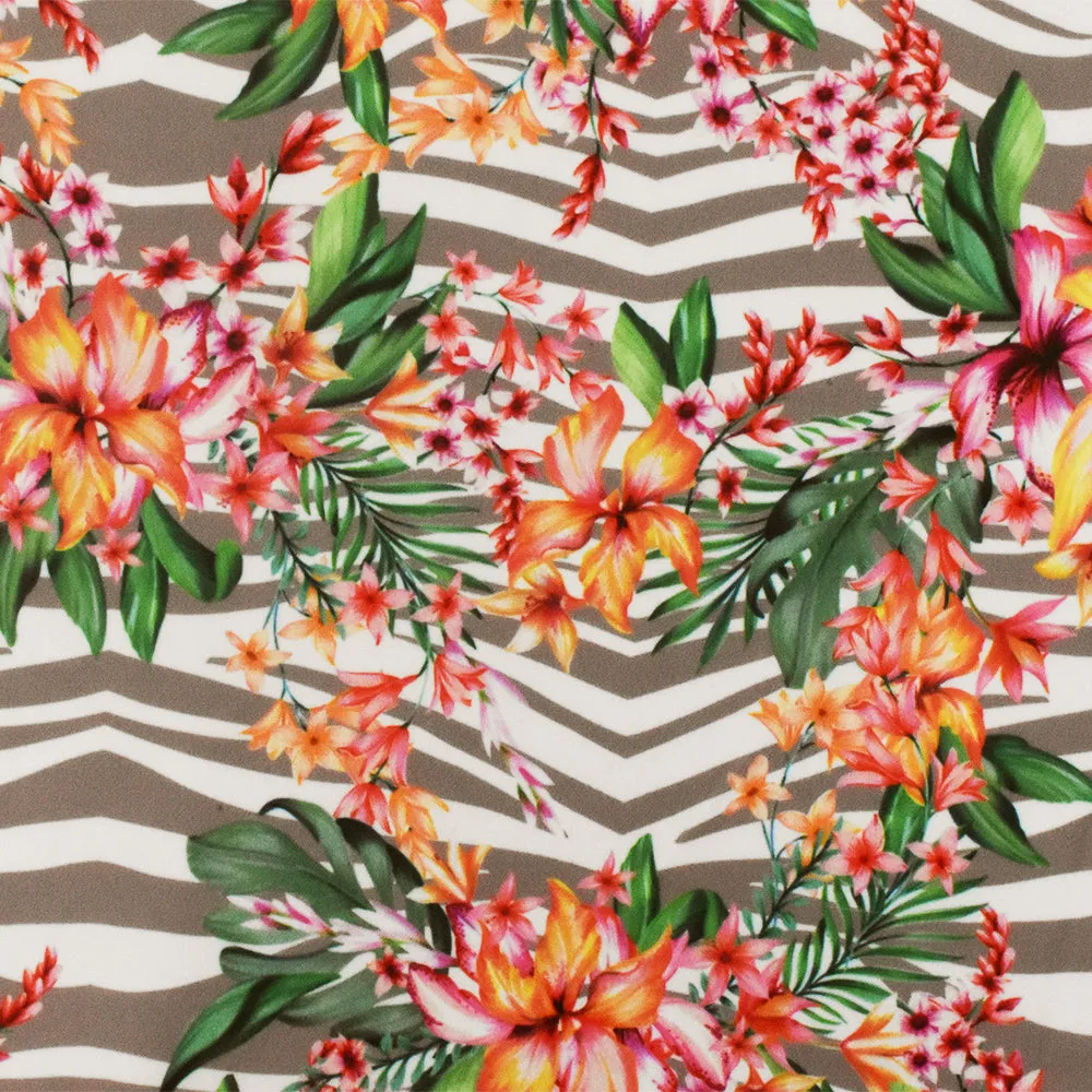 Green-Brown-Multi Floral Printed Stretch Poly Tricot Knit Swimwear Fabric