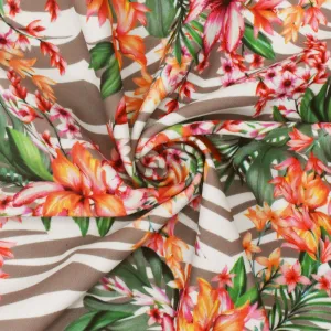 Green-Brown-Multi Floral Printed Stretch Poly Tricot Knit Swimwear Fabric