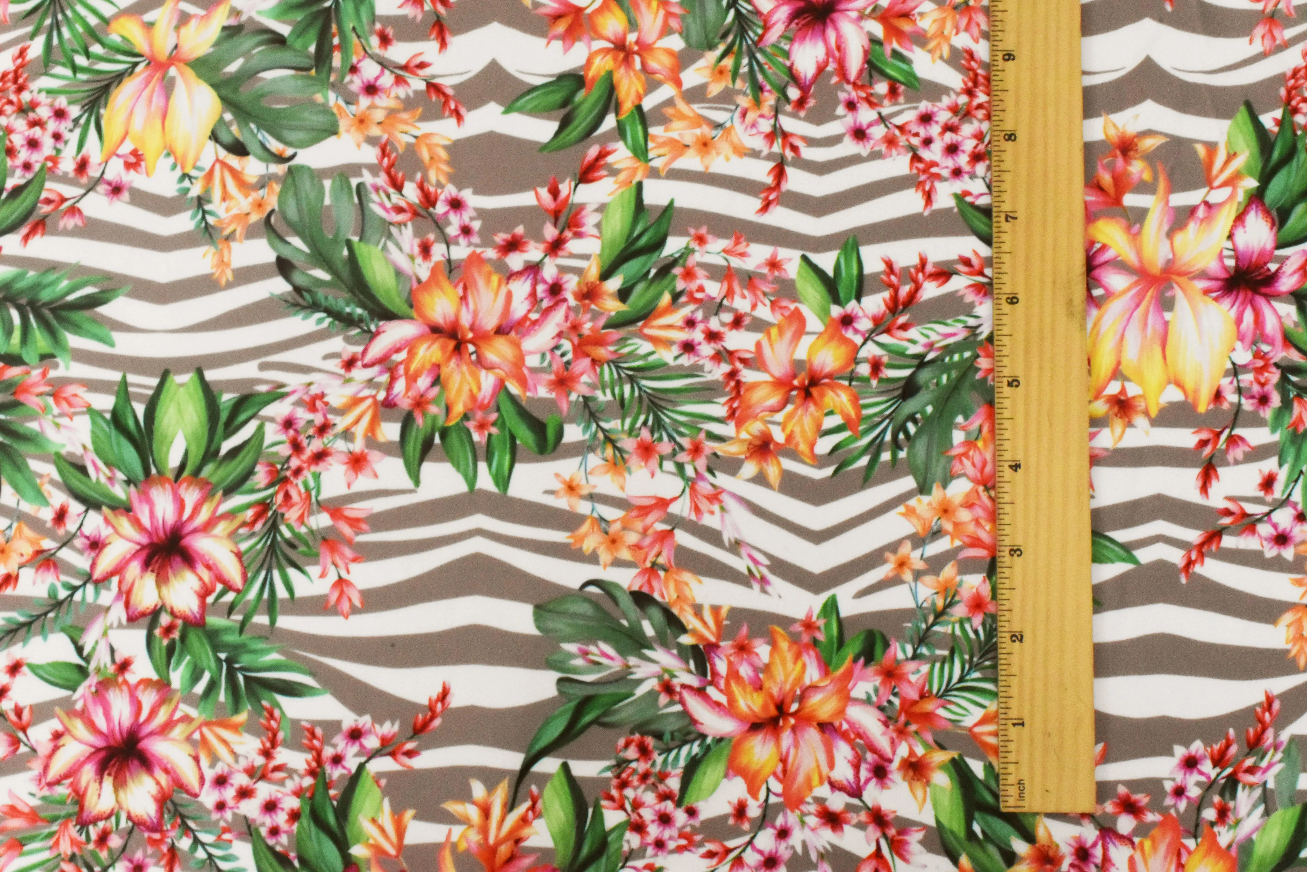 Green-Brown-Multi Floral Printed Stretch Poly Tricot Knit Swimwear Fabric