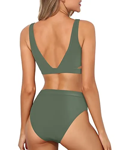 High Leg High Waisted Bikini Set For Women 2 Piece Sport Swimsuit-Olive Green