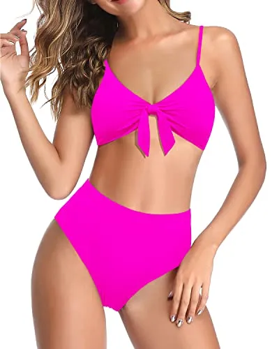 High Rise Two Piece High Waisted Bikini For Women-Neon Pink