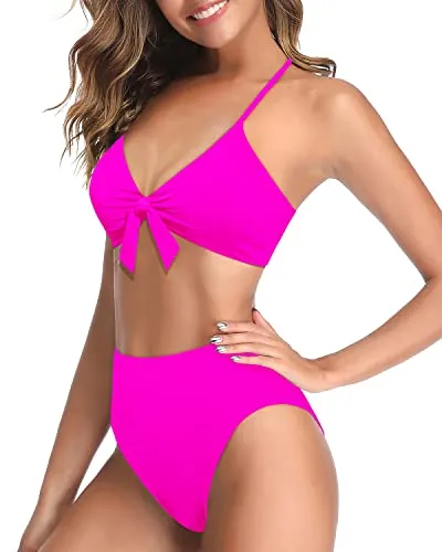 High Rise Two Piece High Waisted Bikini For Women-Neon Pink