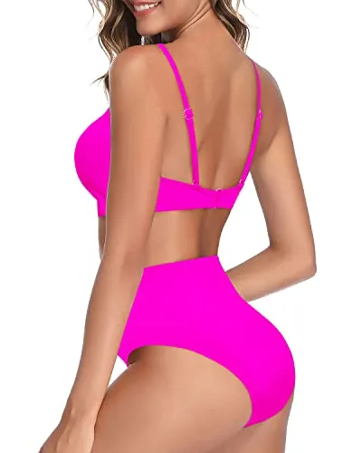 High Rise Two Piece High Waisted Bikini For Women-Neon Pink