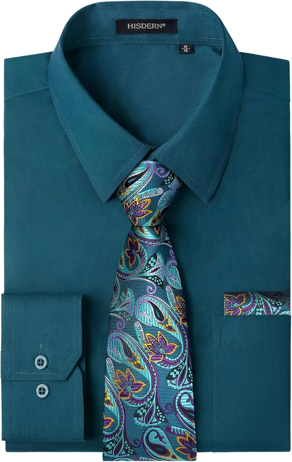 HISDERN Mens Dress Shirt with Tie Pocket Square Set Classic Button Down Shirt Matching Tie Long Sleeve Shirts