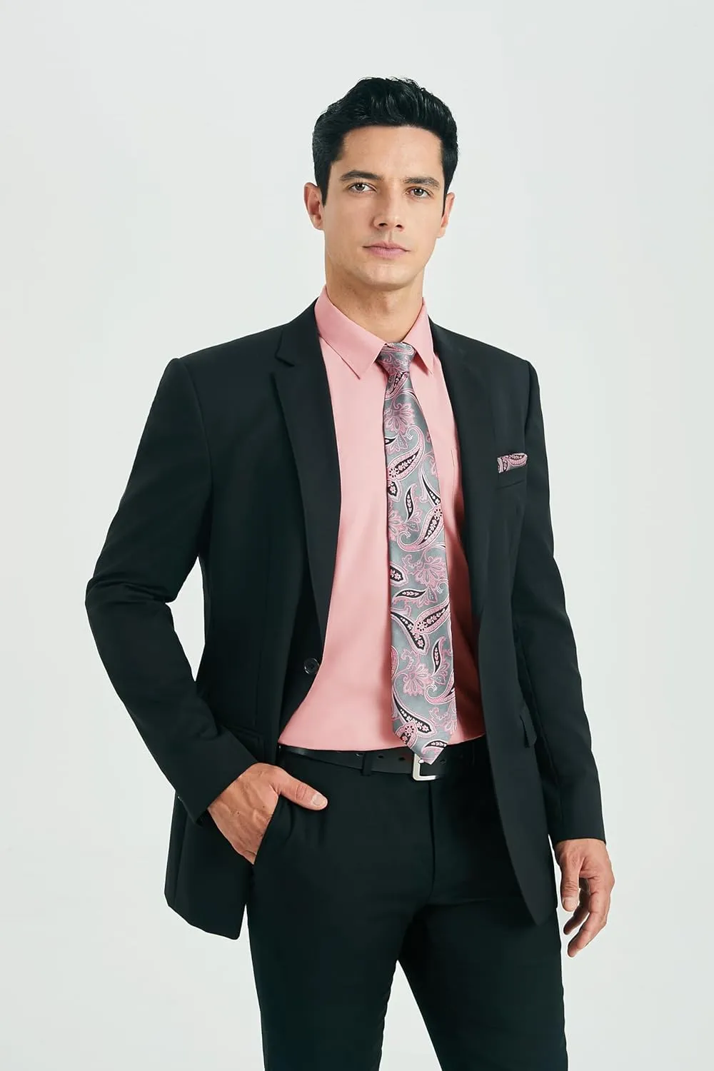 HISDERN Mens Dress Shirt with Tie Pocket Square Set Classic Button Down Shirt Matching Tie Long Sleeve Shirts