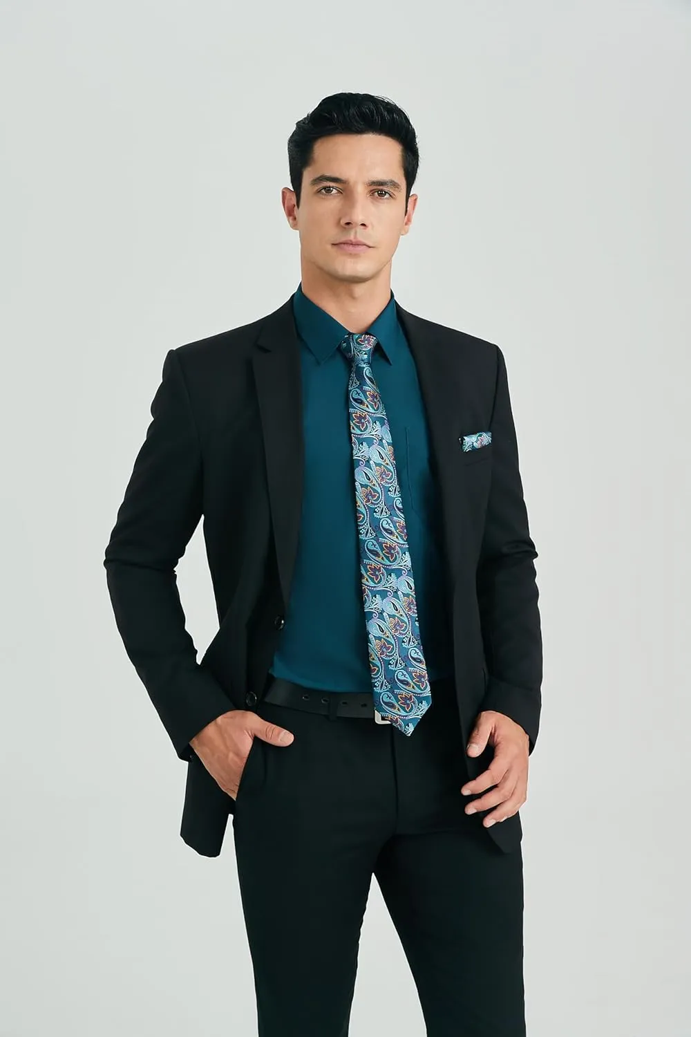 HISDERN Mens Dress Shirt with Tie Pocket Square Set Classic Button Down Shirt Matching Tie Long Sleeve Shirts