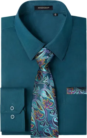 HISDERN Mens Dress Shirt with Tie Pocket Square Set Classic Button Down Shirt Matching Tie Long Sleeve Shirts
