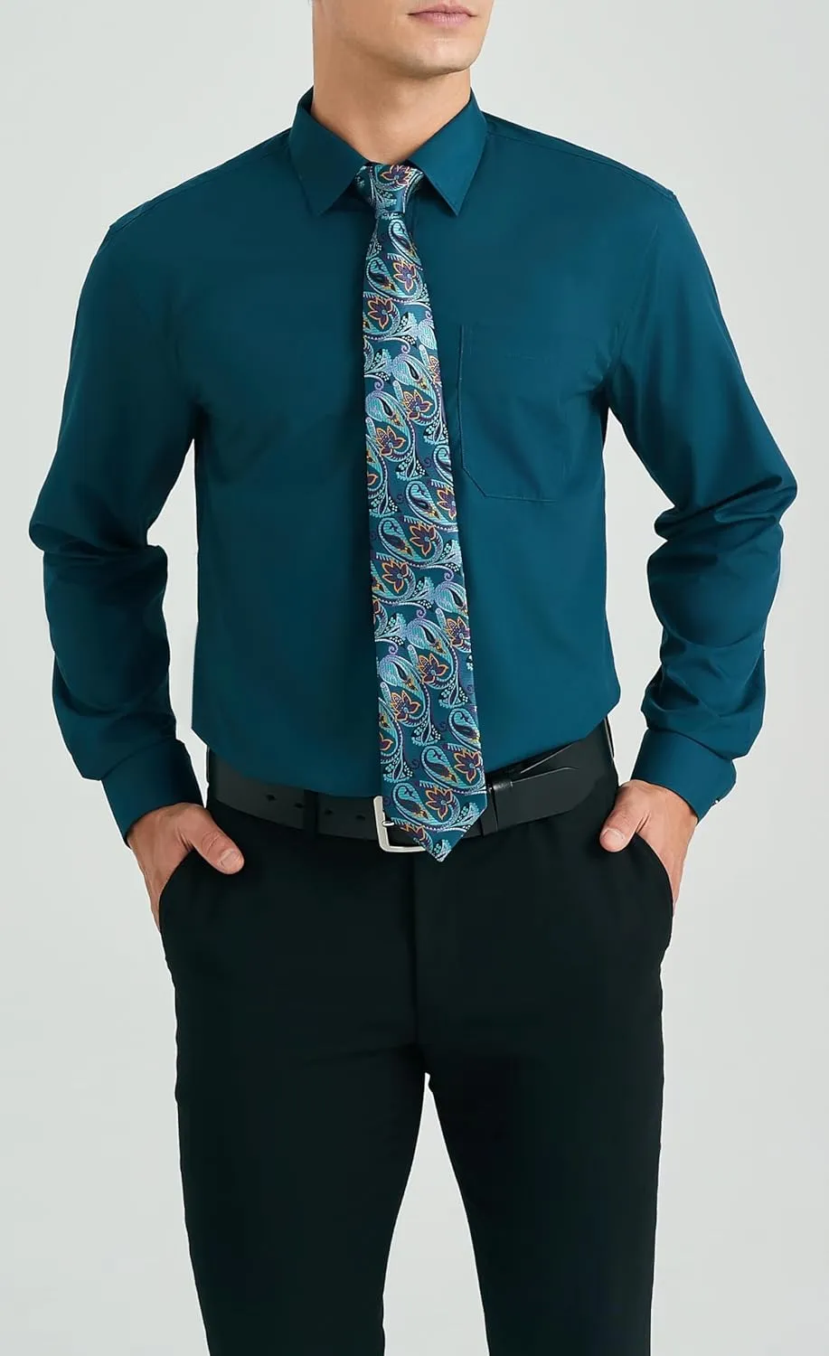 HISDERN Mens Dress Shirt with Tie Pocket Square Set Classic Button Down Shirt Matching Tie Long Sleeve Shirts