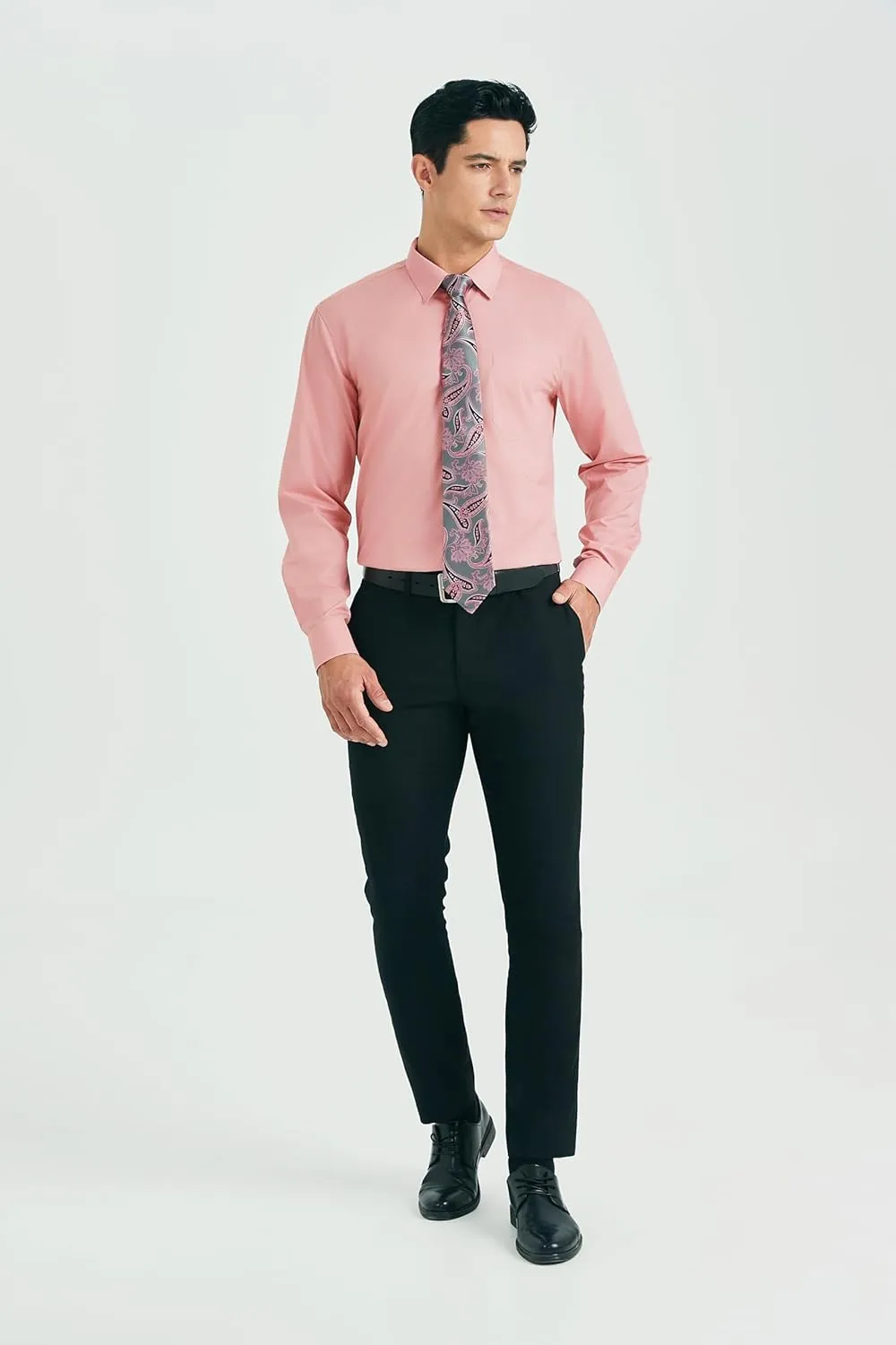 HISDERN Mens Dress Shirt with Tie Pocket Square Set Classic Button Down Shirt Matching Tie Long Sleeve Shirts