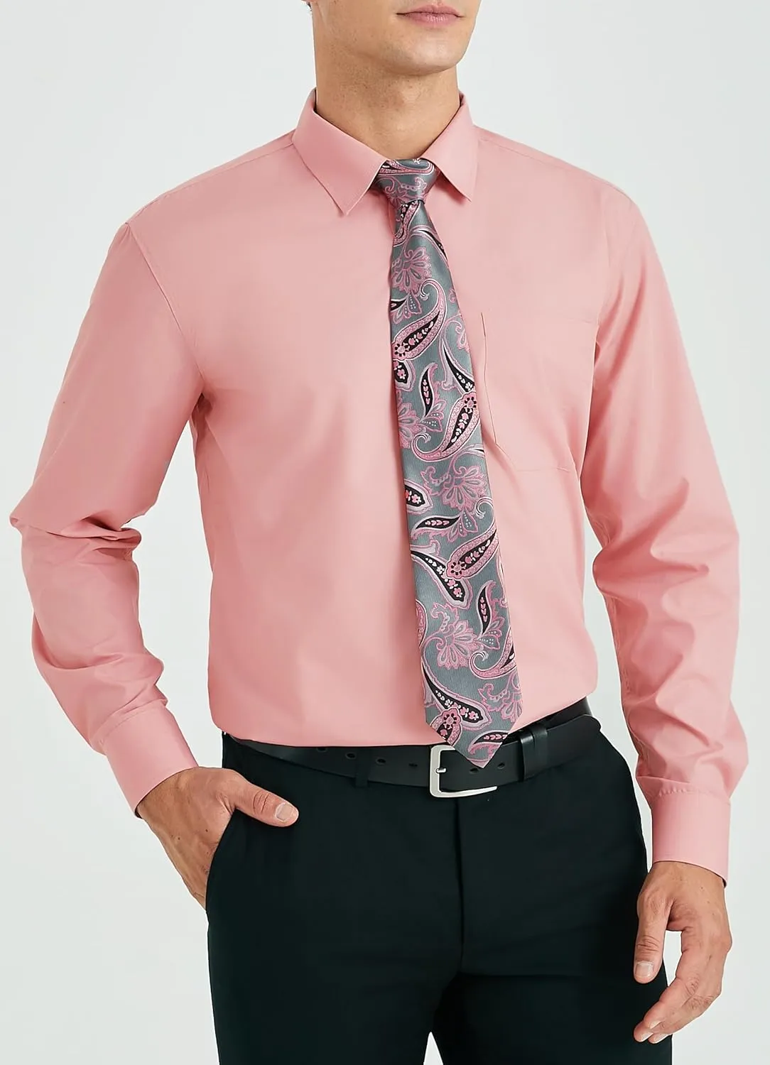 HISDERN Mens Dress Shirt with Tie Pocket Square Set Classic Button Down Shirt Matching Tie Long Sleeve Shirts