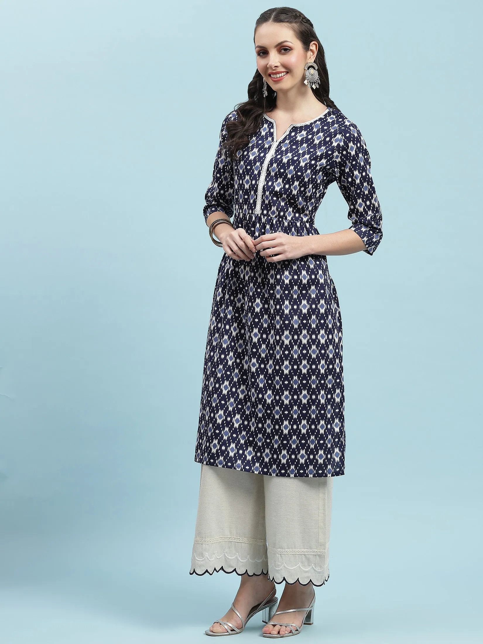 Indiessence Navy Blue Ikat Printed Kurta