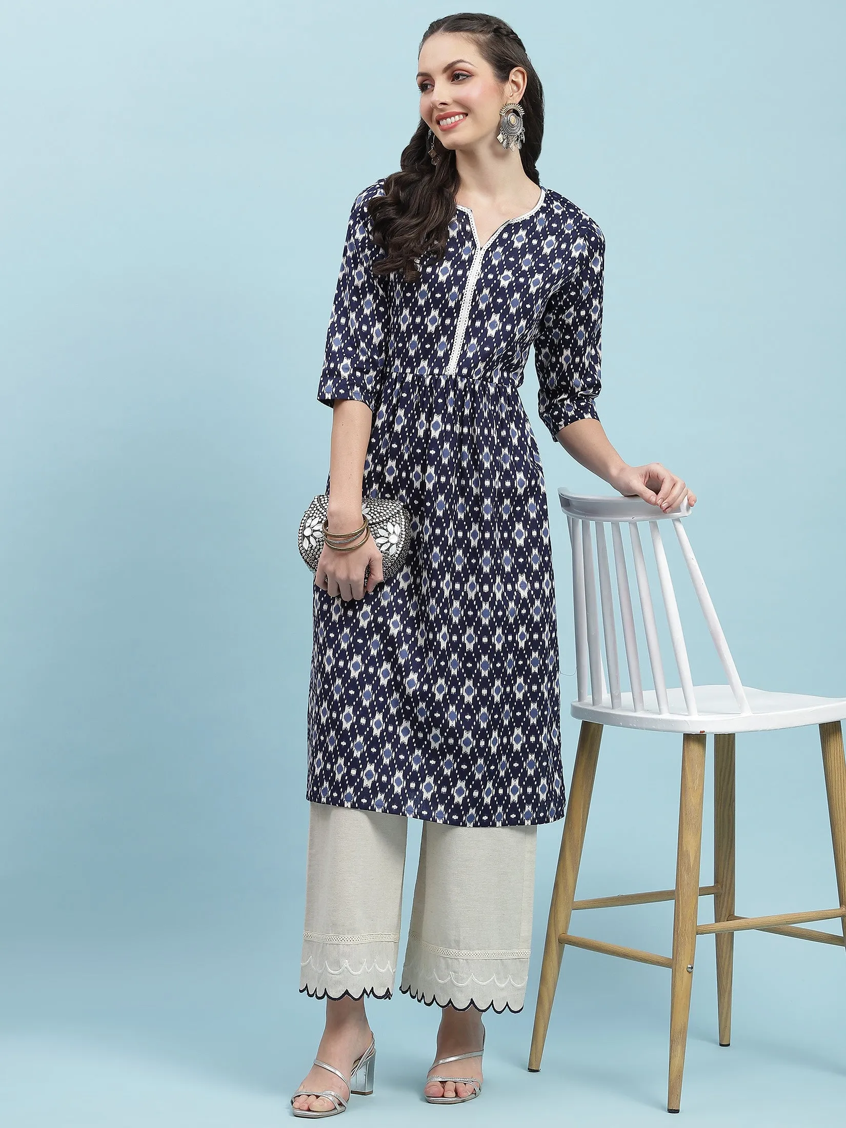 Indiessence Navy Blue Ikat Printed Kurta
