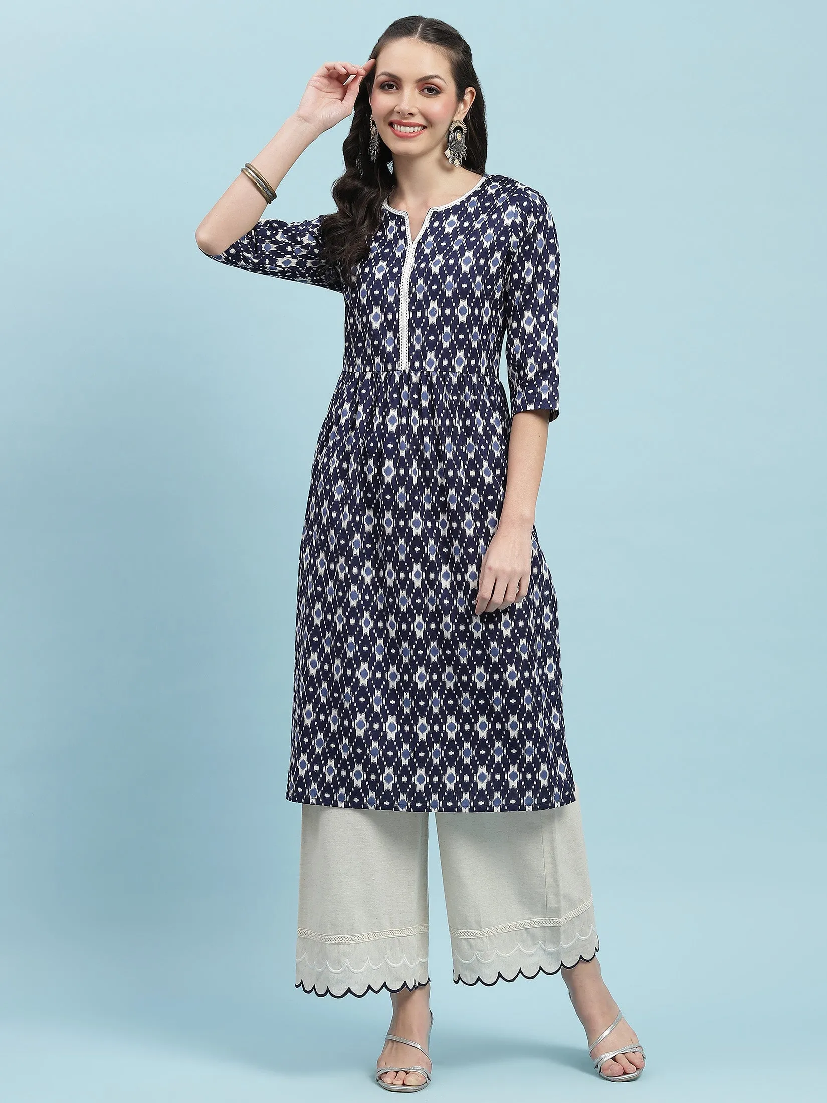 Indiessence Navy Blue Ikat Printed Kurta