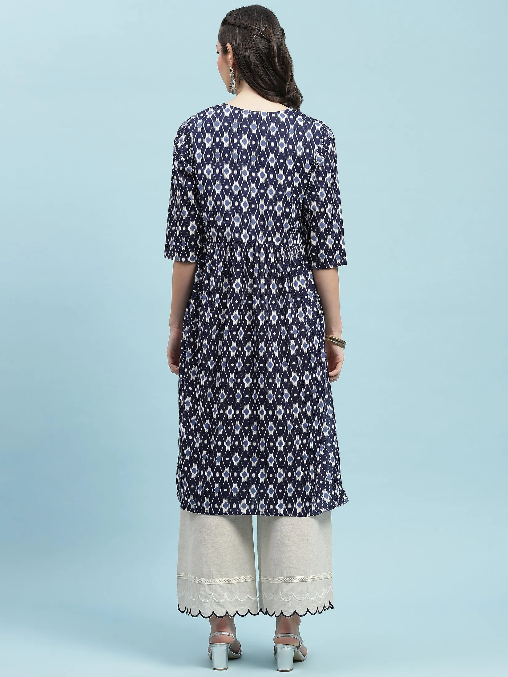 Indiessence Navy Blue Ikat Printed Kurta