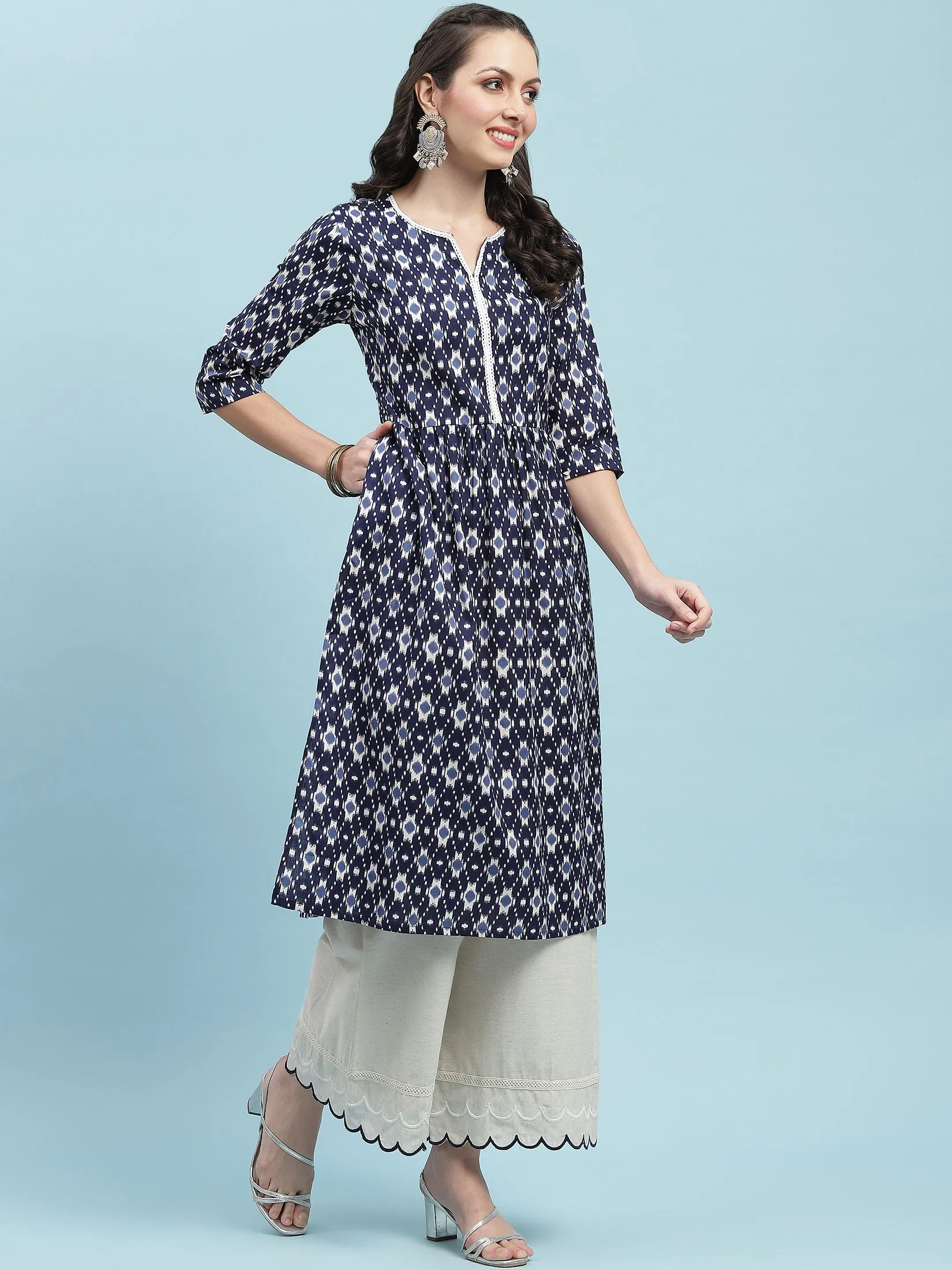 Indiessence Navy Blue Ikat Printed Kurta