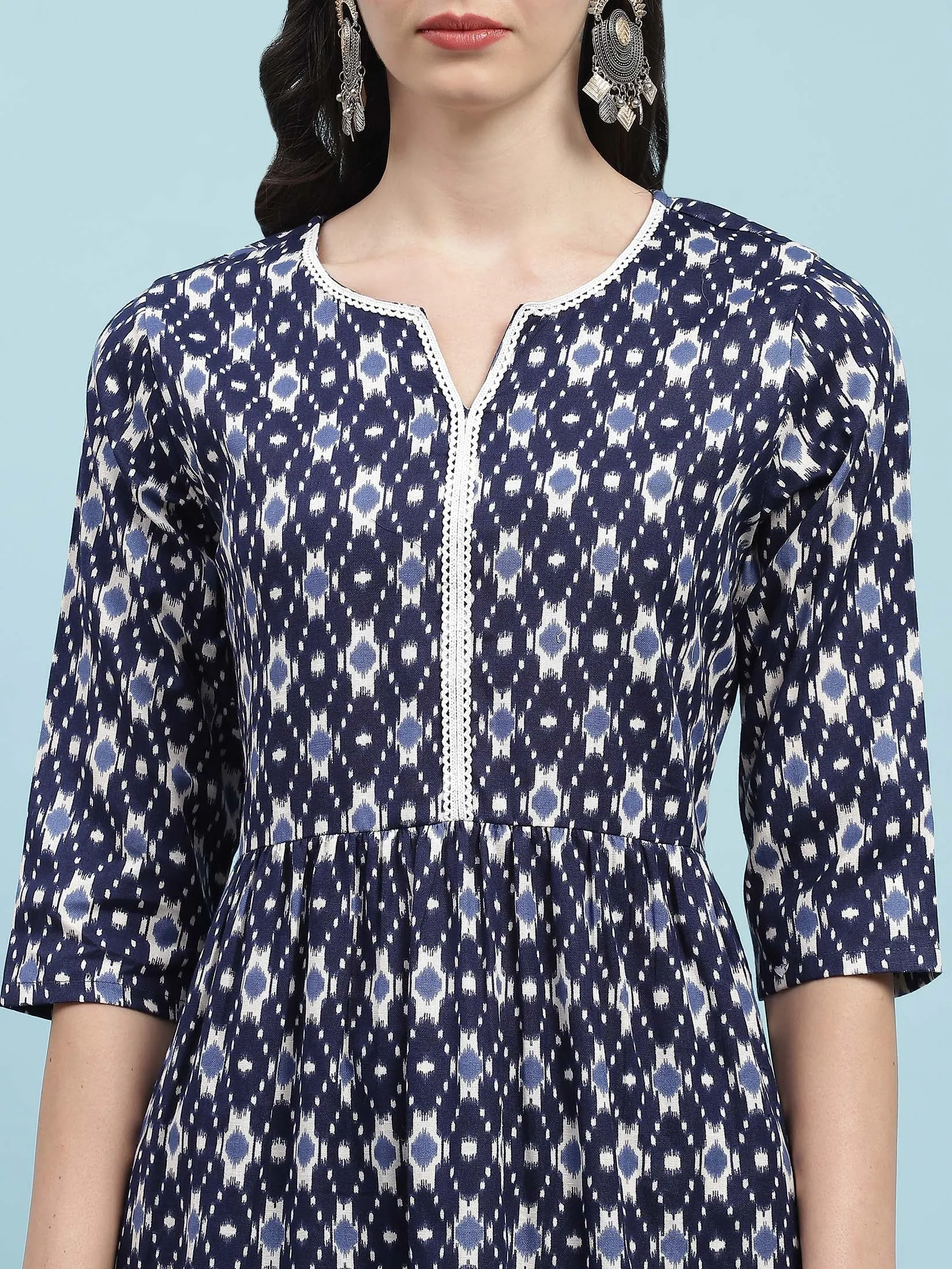 Indiessence Navy Blue Ikat Printed Kurta