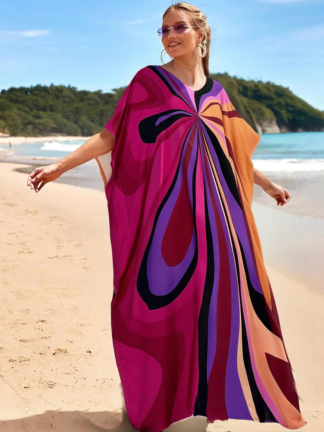 LOUSEA women's swimsuit cover up Batwing sleeve green beach long dress loose caftans for women bathing suit cover up dress
