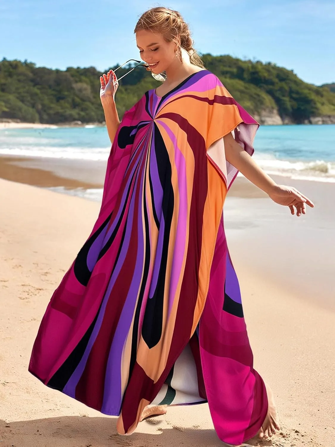 LOUSEA women's swimsuit cover up Batwing sleeve green beach long dress loose caftans for women bathing suit cover up dress