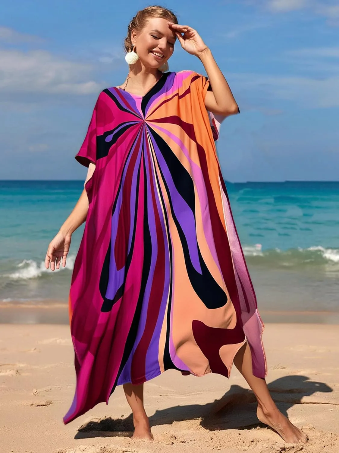 LOUSEA women's swimsuit cover up Batwing sleeve green beach long dress loose caftans for women bathing suit cover up dress
