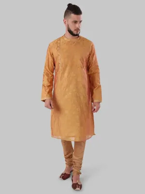 Men Orange Polyester Blend Kurta
