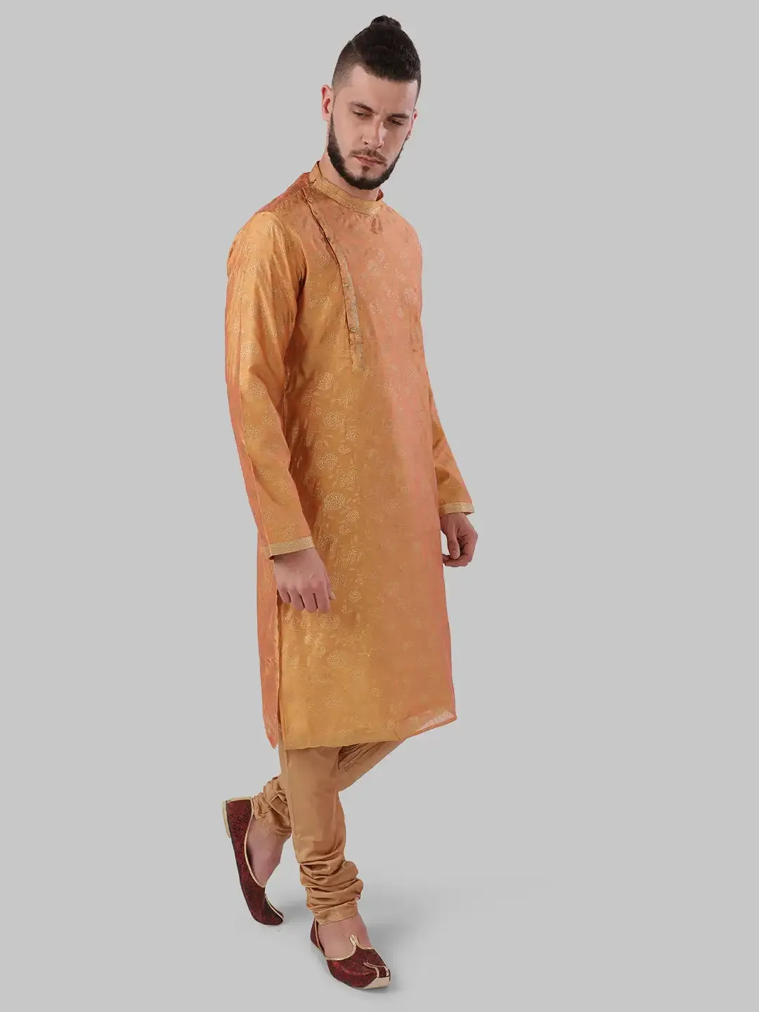Men Orange Polyester Blend Kurta